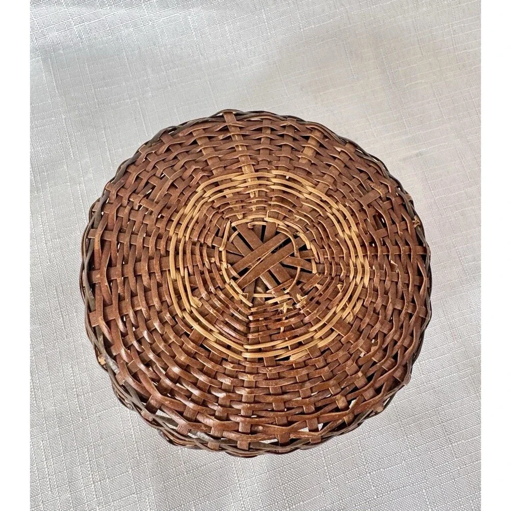 Vintage Trinket Basket Native American Style Lid Ash Splint Wood Woven Folk Art